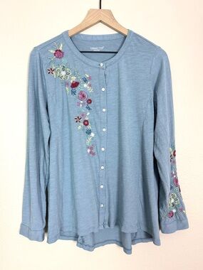 Coldwater Creek Light Blue Embroidered Floral Button Front Top Cotton Boho Small